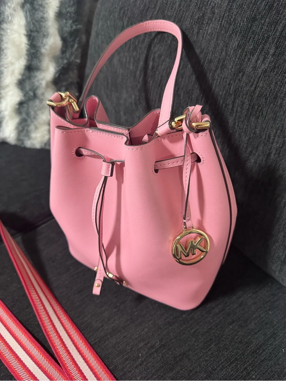 Michael Kors Pink Leather Drawstring Bucket Crossbody